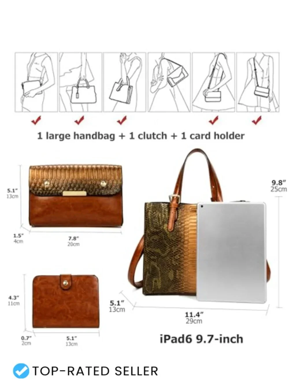 Women's Crocodile Pattern Satchel Handbag Tote 3-Piece Set Faux Leather
